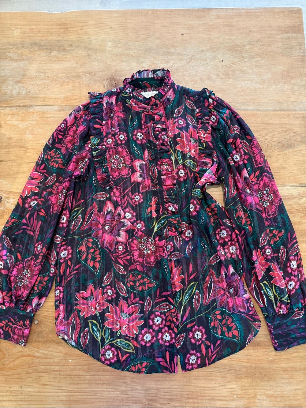 Divine Heritage Floral Sheer Ruffle Blouse XS Pink Purple Long Sleeve